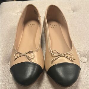 a new day Beige Ballet Flats with Black Cap-Toe and Bow